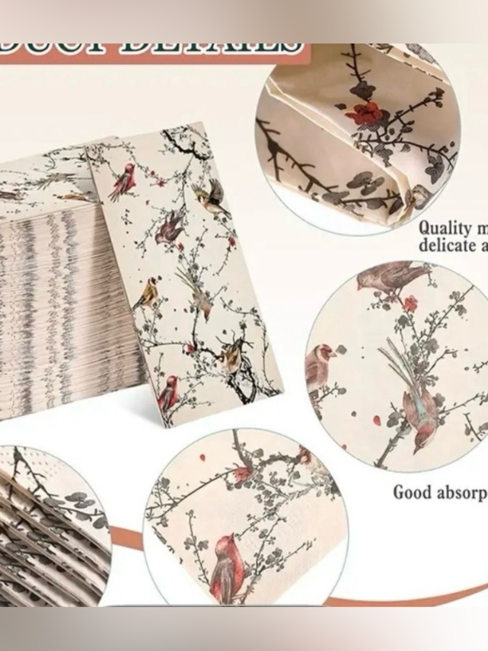 Lot of 2 Packs: Vintage Style Floral & Bird Guest Napkins/Hand Towels 4.3”x8” - Picture 6 of 6